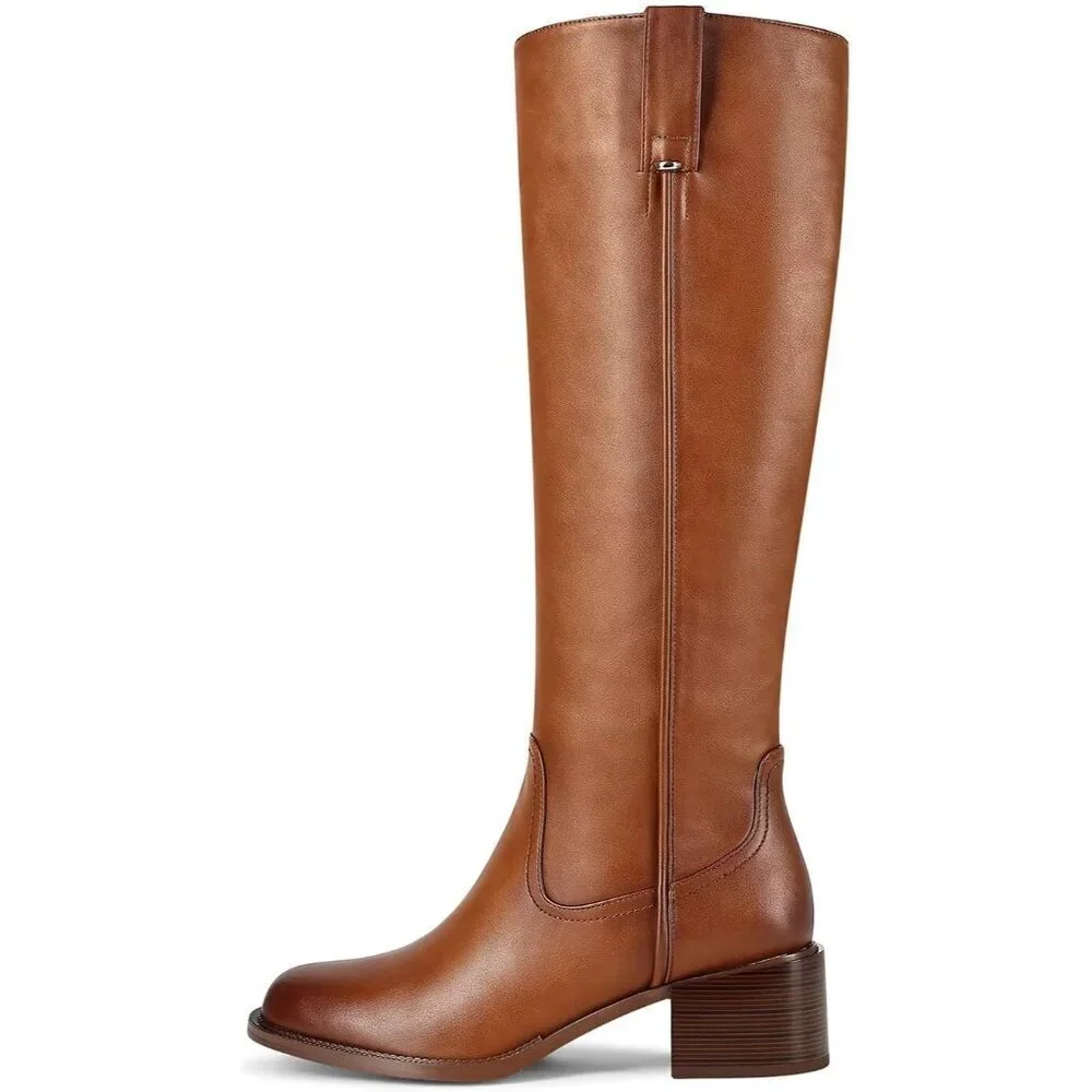 Women's A Brown Chunky Low Block Heel Round Toe Faux Leather Knee High Boots